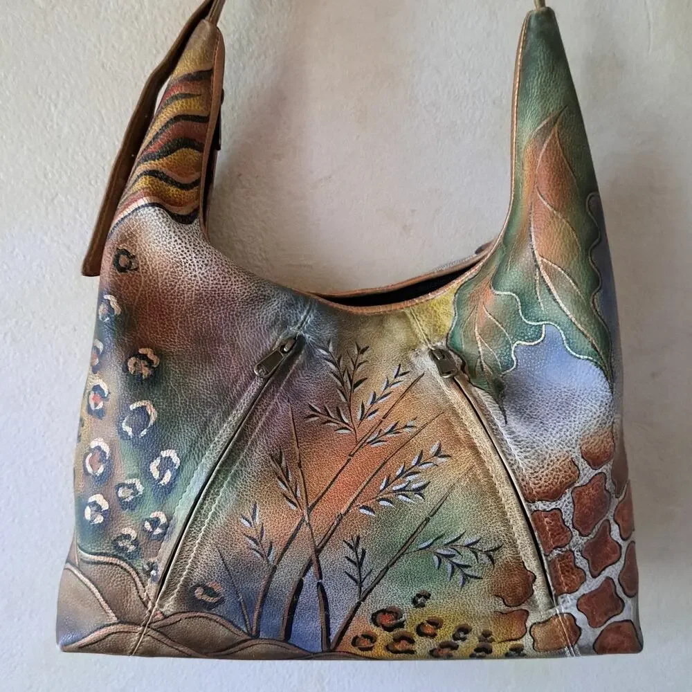 ANUSCHKA Hand Painted Leather Hobo Bag Safari Animal Print Shoulder Artisan
